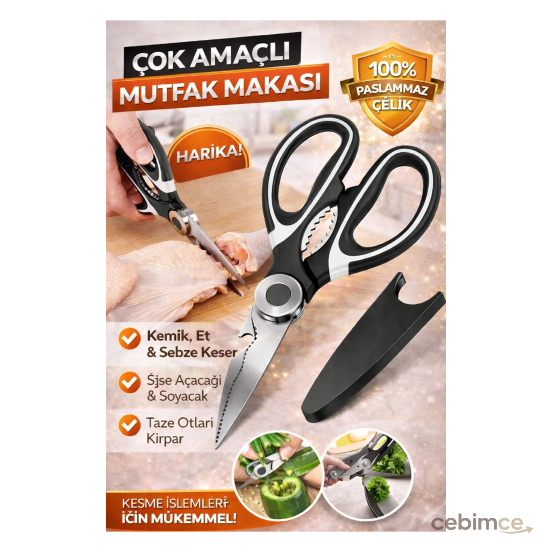 AYGÖREN HOME Paslanmaz Çelik Ultra Keskinleştirilmiş Mutfak Makası Çok Amaçlı Balık Et Sebze Makası Koruma Kapakl